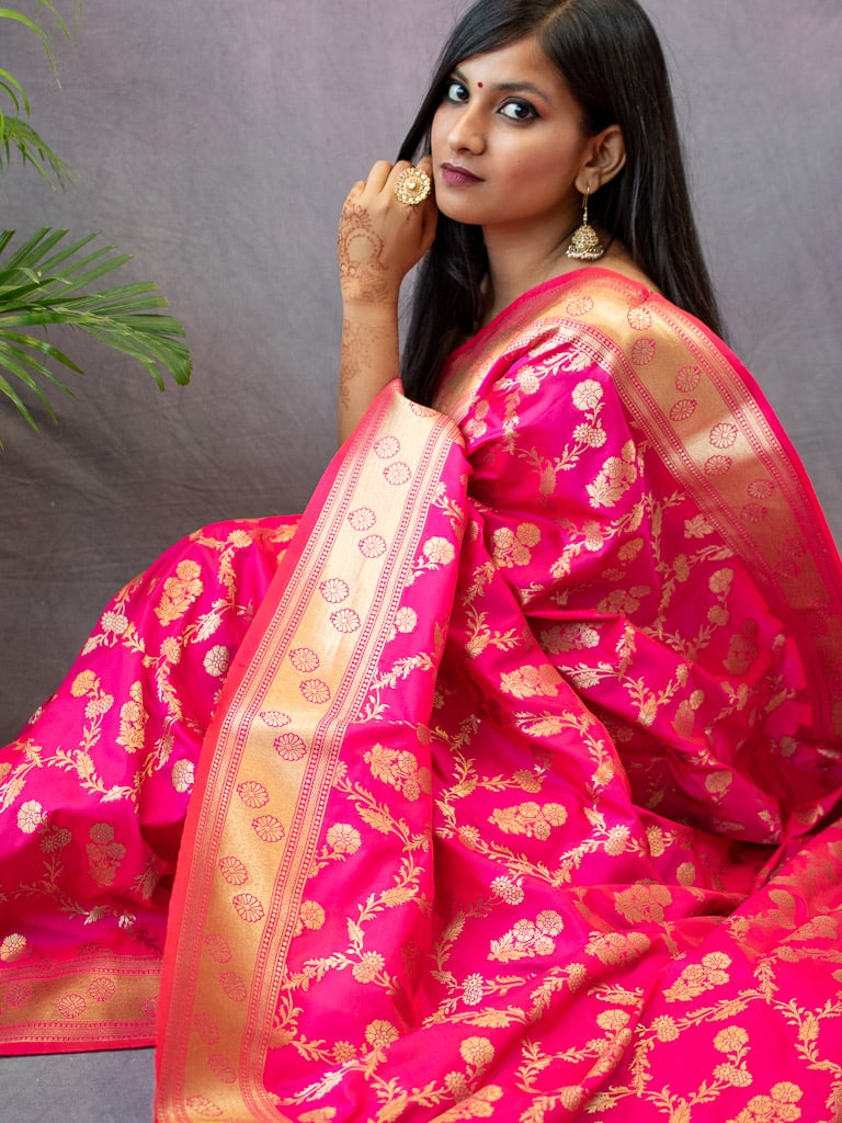 Banarasi Art Katan Silk Saree With Meena Floral Jaal Weaving-Hot Pink