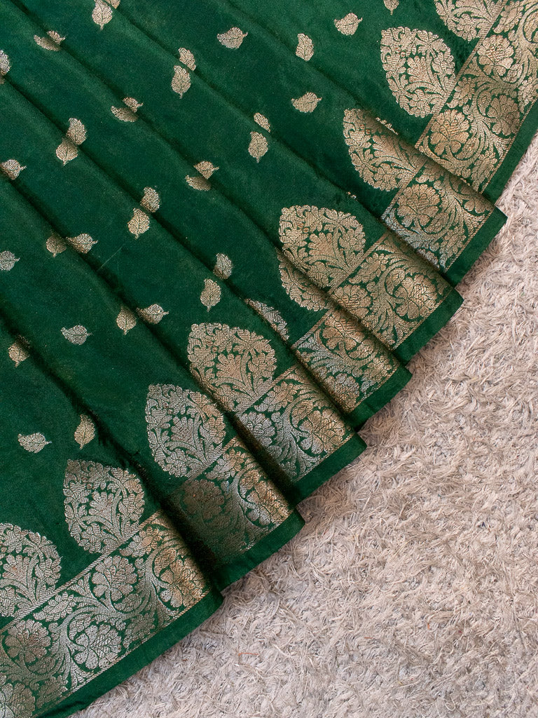 Banarasi Semi Chiffon Saree Antique Zari Buti Weaving Saree-Green
