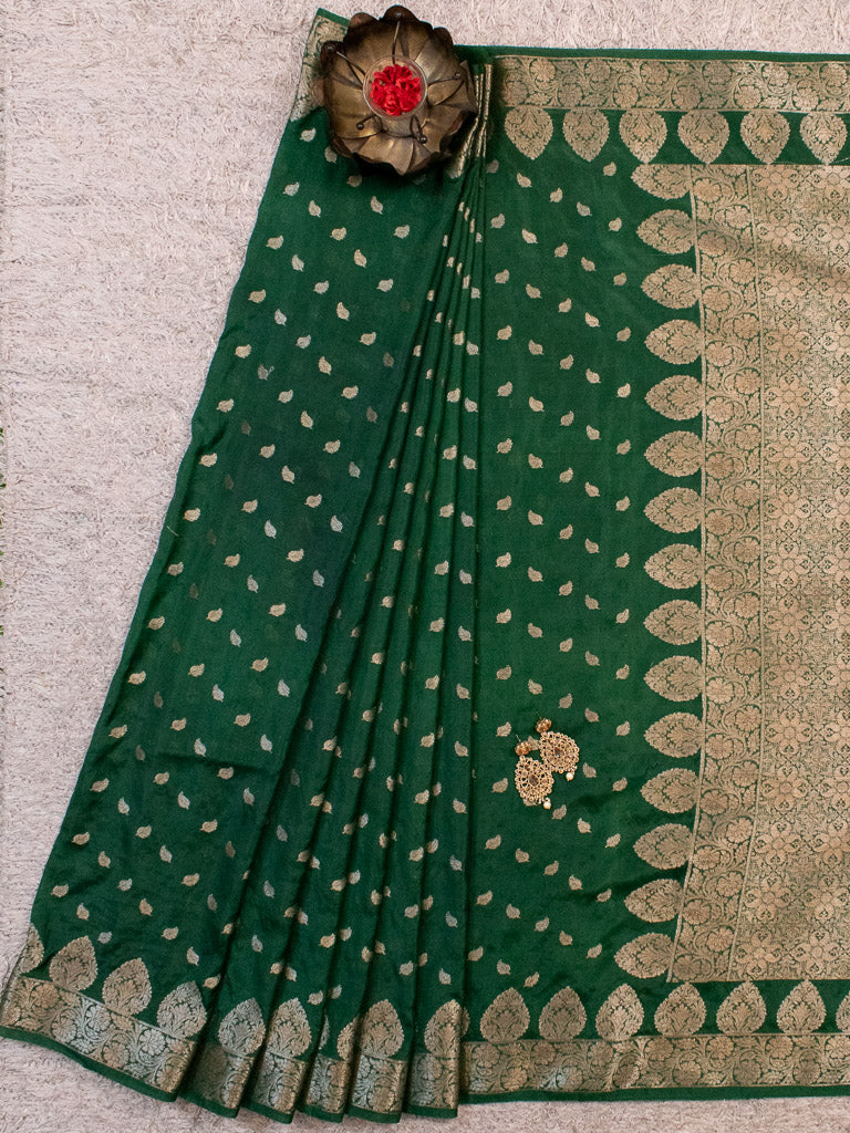 Banarasi Semi Chiffon Saree Antique Zari Buti Weaving Saree-Green