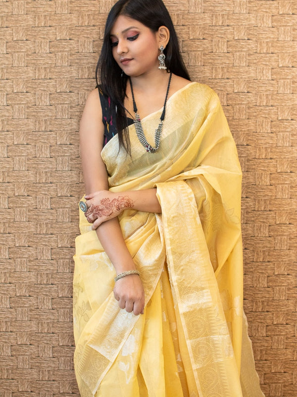 Banarasi Cotton Silk Silver Zari Floral Weaving Saree-Yellow