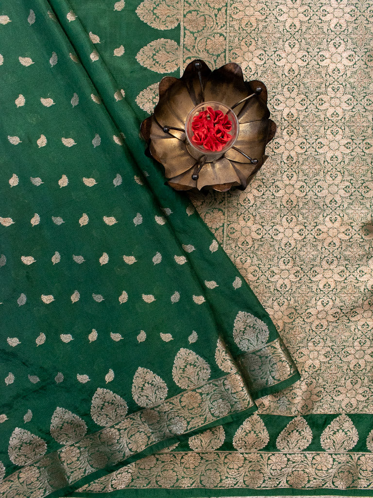 Banarasi Semi Chiffon Saree Antique Zari Buti Weaving Saree-Green