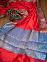 Banarasi Plain Semi Silk Saree With Contrast Pallu-Red