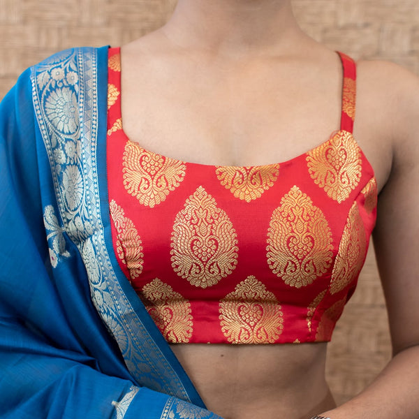 Banarasi Brocade Stitched Sleeveless Blouse-Red