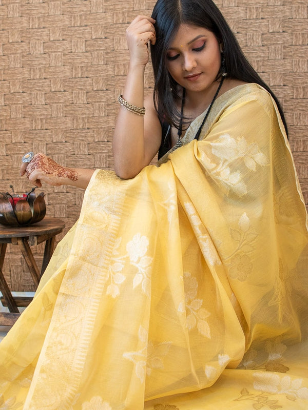 Banarasi Cotton Silk Silver Zari Floral Weaving Saree-Yellow