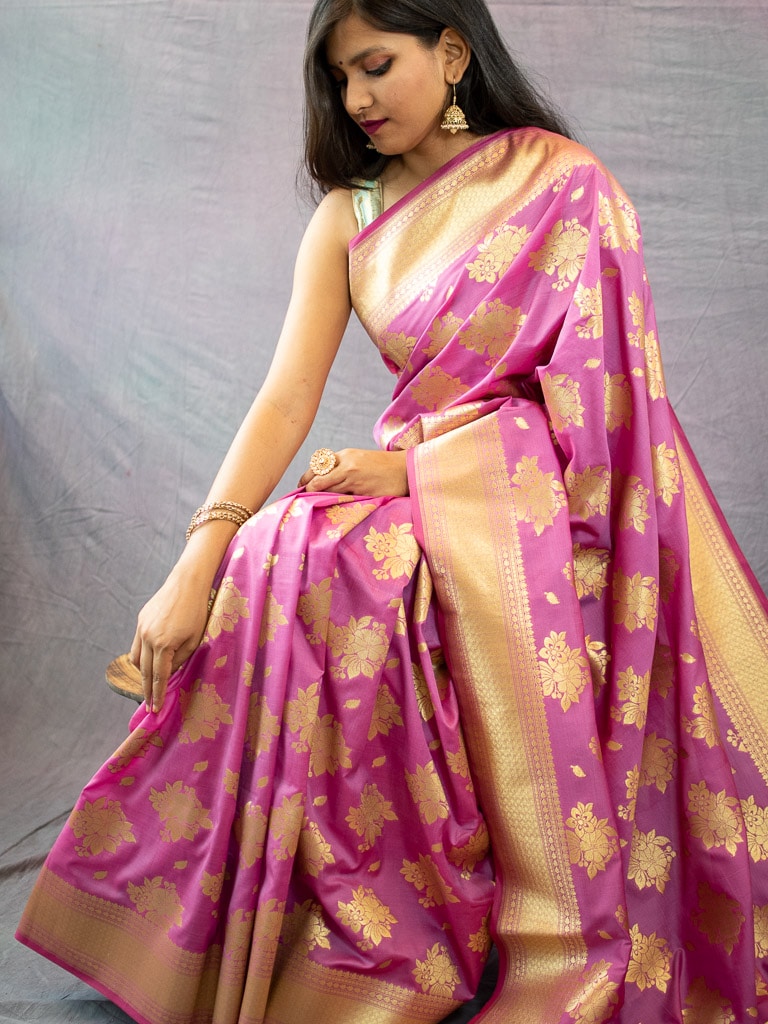 Banarasi Art Silk Saree With Floral Buti Weaving-Lavender