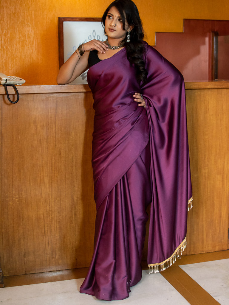 Nyri Solid/Plain Sarees : Buy Nyri Maroon Satin Solid/Plain Tassels Party  Wear Saree with Unstitched Blouse Online | Nykaa Fashion