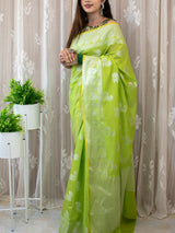 Banarasi Soft Cotton Saree Silver Zari Weaving-Green