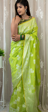 Banarasi Soft Cotton Saree Silver Zari Weaving-Green