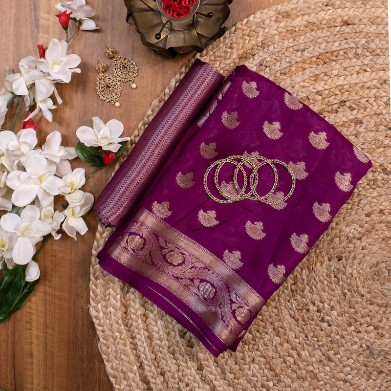 Banarasi Semi Chiffon Saree Antique Zari Buti Weaving Saree-Deep Purple