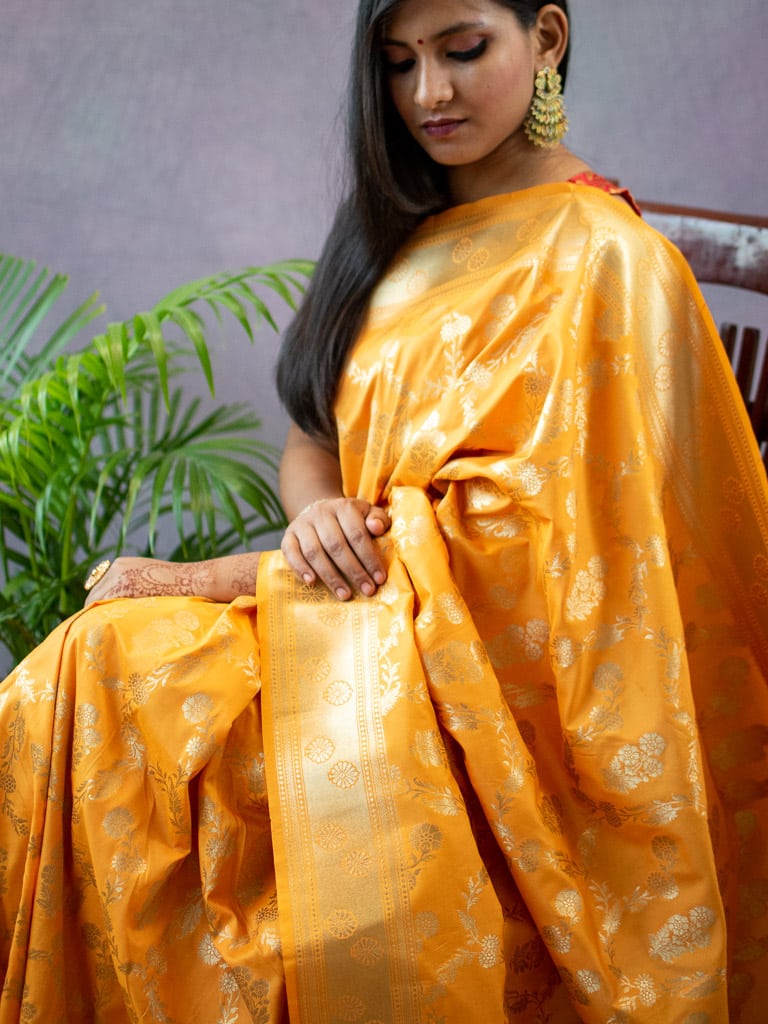 Banarasi Art Katan Silk Saree With Meena Floral Jaal Weaving-Yellow
