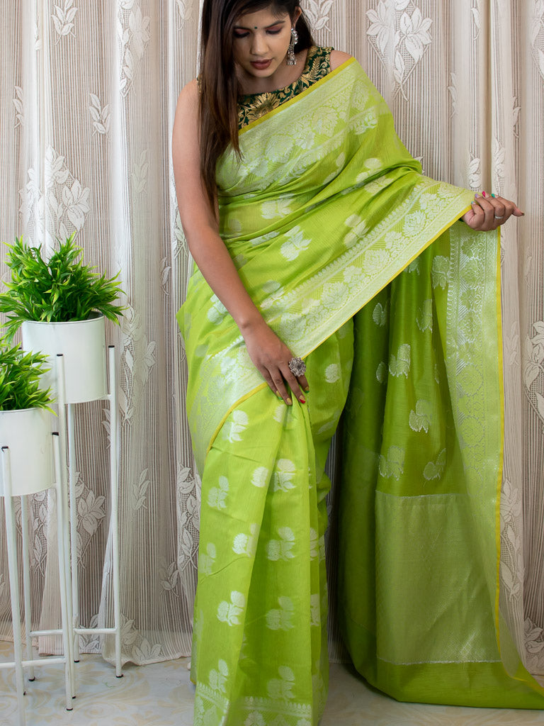 Banarasi Soft Cotton Saree Silver Zari Weaving-Green