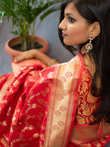 Banarasi Art Katan Silk Saree With Meena Floral Jaal Weaving-Red