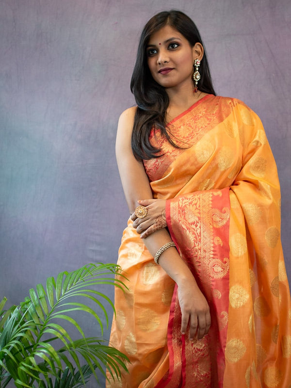 Banarasi Cotton Silk Saree Buta Zari Weaving  With Contrast Border-Orange
