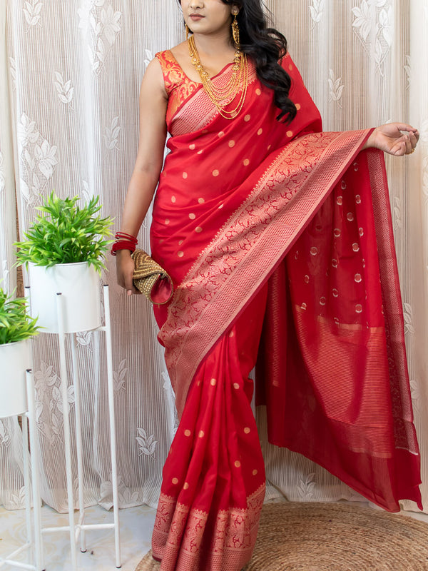 Banarasi Cotton Silk Saree With Zari Polka Dots Weaving & Contrast Border-Red