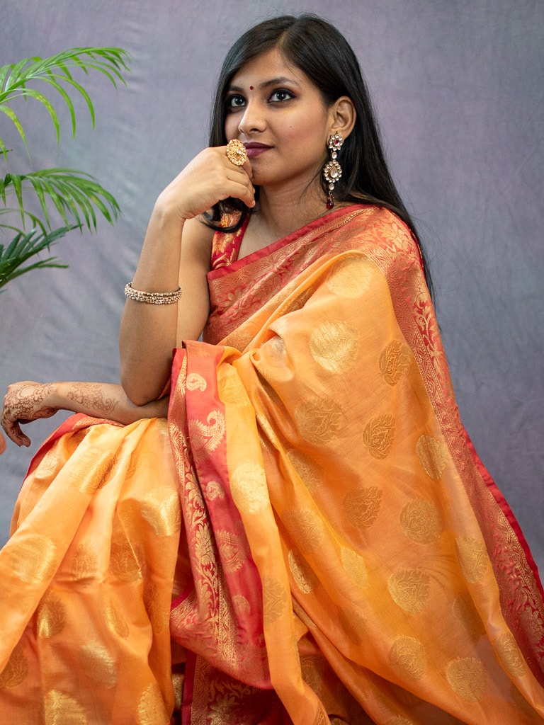 Banarasi Cotton Silk Saree Buta Zari Weaving  With Contrast Border-Orange