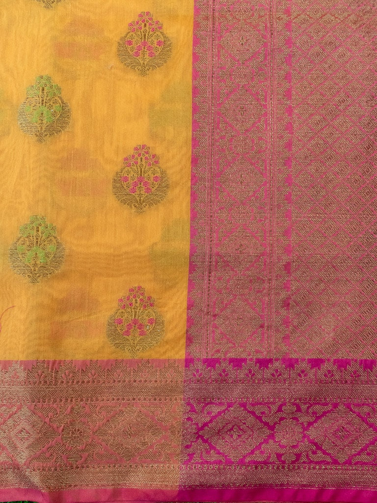 Banarasi Cotton Silk Resham Floral Meena Buta Weaving Saree & Contrast Border-Orange