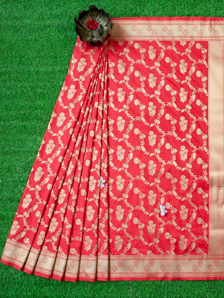 Banarasi Art Katan Silk Saree With Meena Floral Jaal Weaving-Red