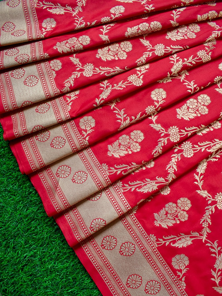 Banarasi Art Katan Silk Saree With Meena Floral Jaal Weaving-Red