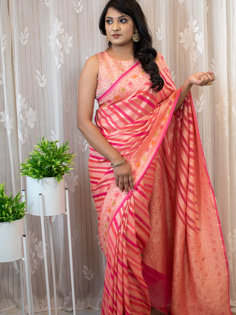Banarasi Pure Khaddi Georgette Saree With Aada  Zari Weaving & Handpainted Border-Pink