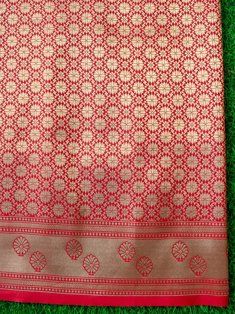 Banarasi Art Katan Silk Saree With Meena Floral Jaal Weaving-Red