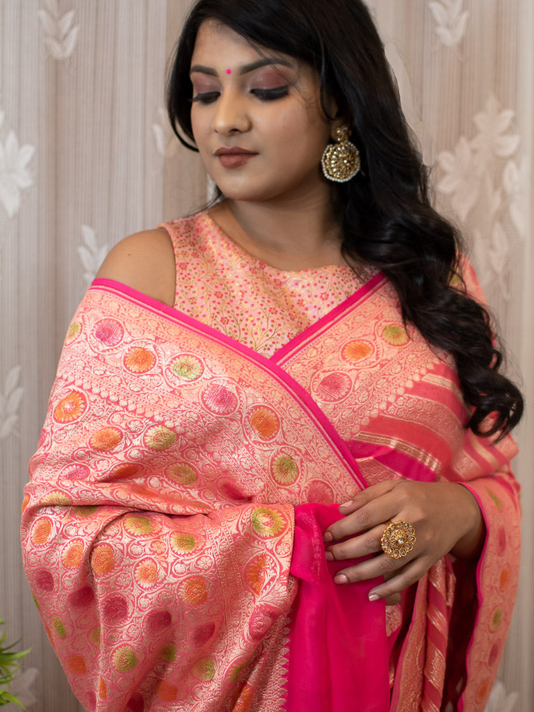 Banarasi Pure Khaddi Georgette Saree With Aada  Zari Weaving & Handpainted Border-Pink