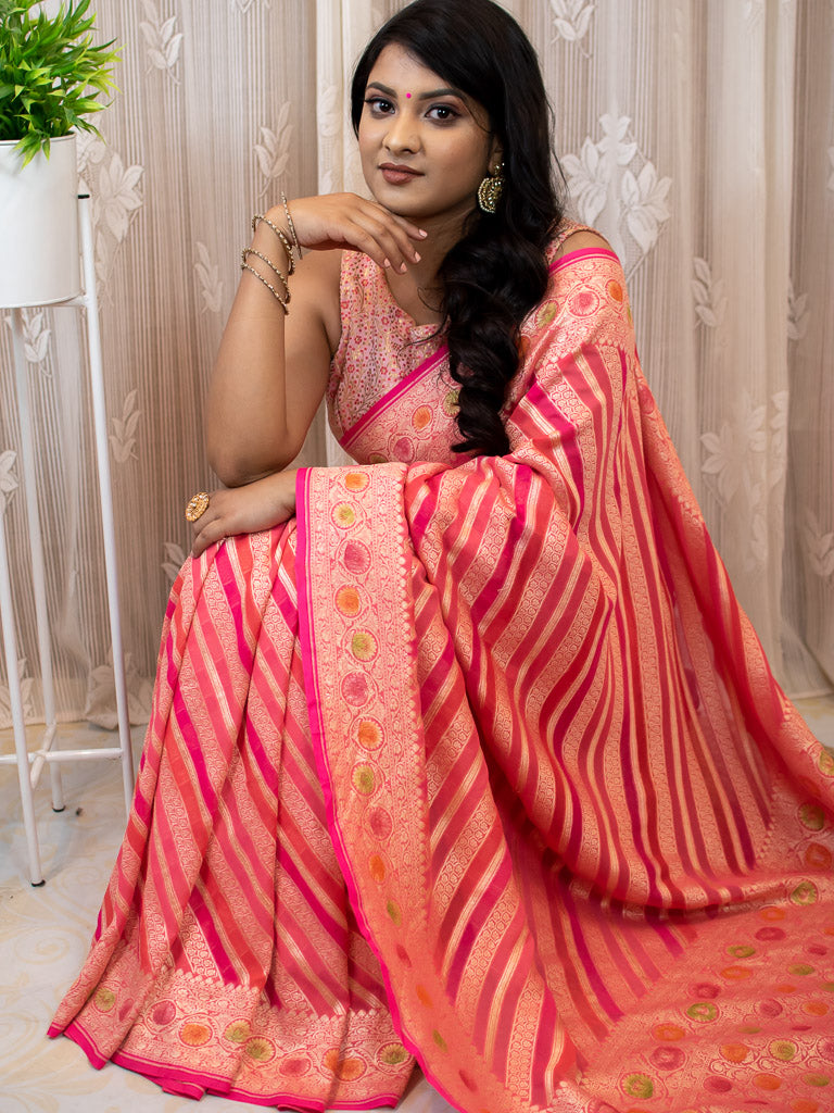 Banarasi Pure Khaddi Georgette Saree With Aada  Zari Weaving & Handpainted Border-Pink