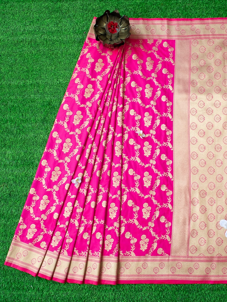 Banarasi Art Katan Silk Saree With Meena Floral Jaal Weaving-Hot Pink
