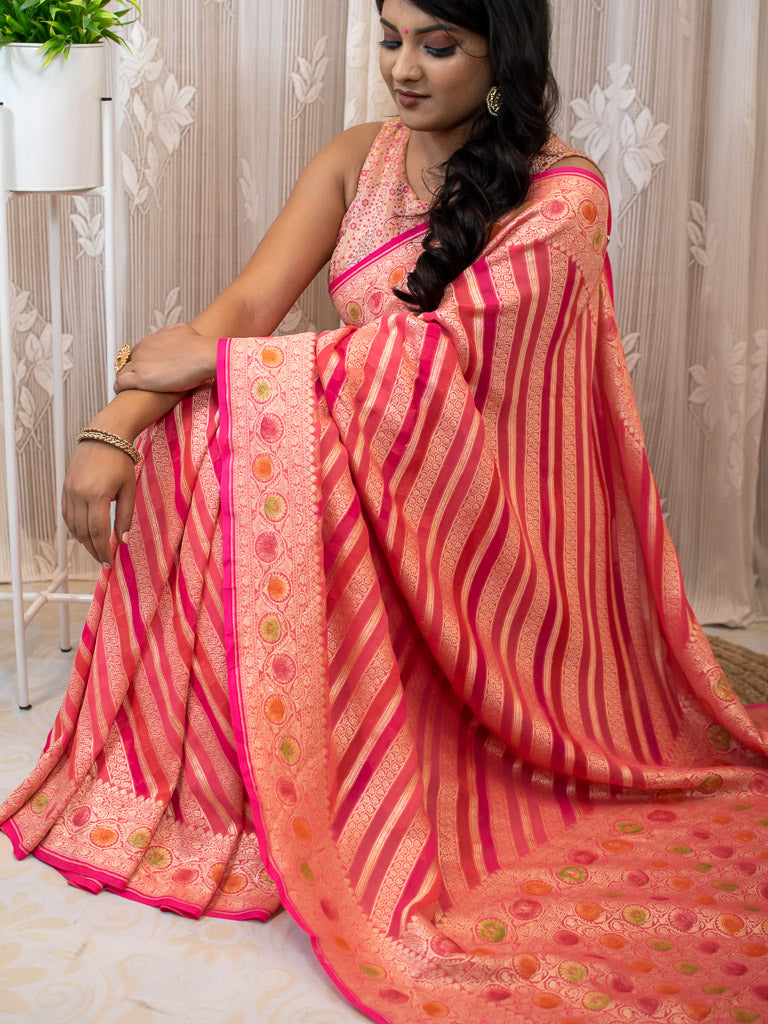 Banarasi Pure Khaddi Georgette Saree With Aada  Zari Weaving & Handpainted Border-Pink