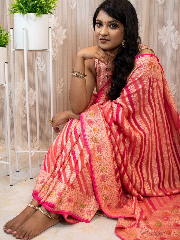 Banarasi Pure Khaddi Georgette Saree With Aada  Zari Weaving & Handpainted Border-Pink
