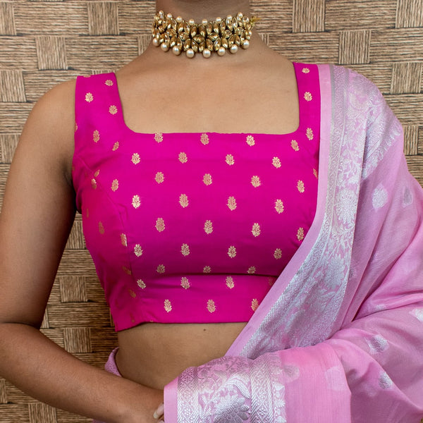 Banarasi Brocade Stitched Sleeveless Blouse-Hot Pink