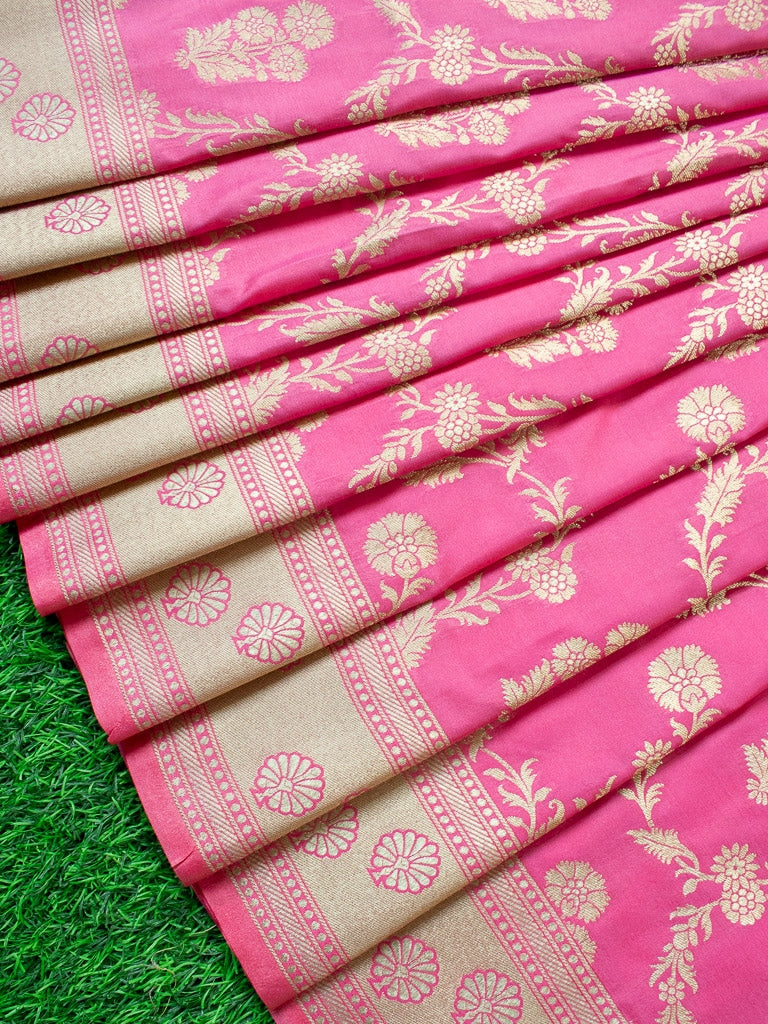 Banarasi Art Katan Silk Saree With Meena Floral Jaal Weaving-Light Pink