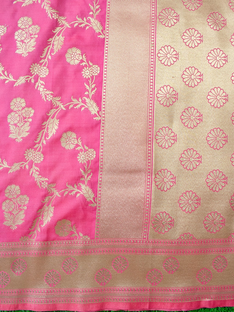 Banarasi Art Katan Silk Saree With Meena Floral Jaal Weaving-Light Pink