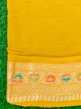 Banarasi Pure Khaddi Georgette Saree With Aada  Zari Weaving & Handpainted Border-Yellow