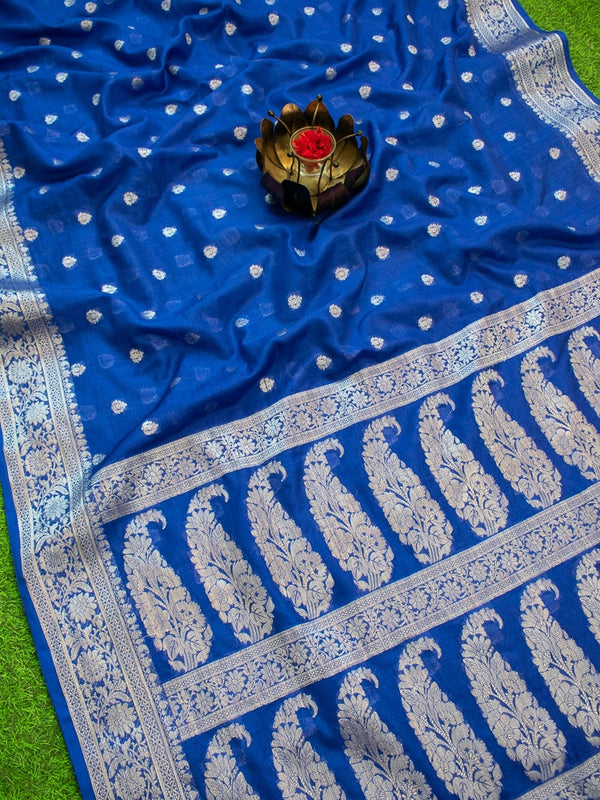 Banarasi Semi Silk Saree With Silver Zari Buti Weaving-Royal blue