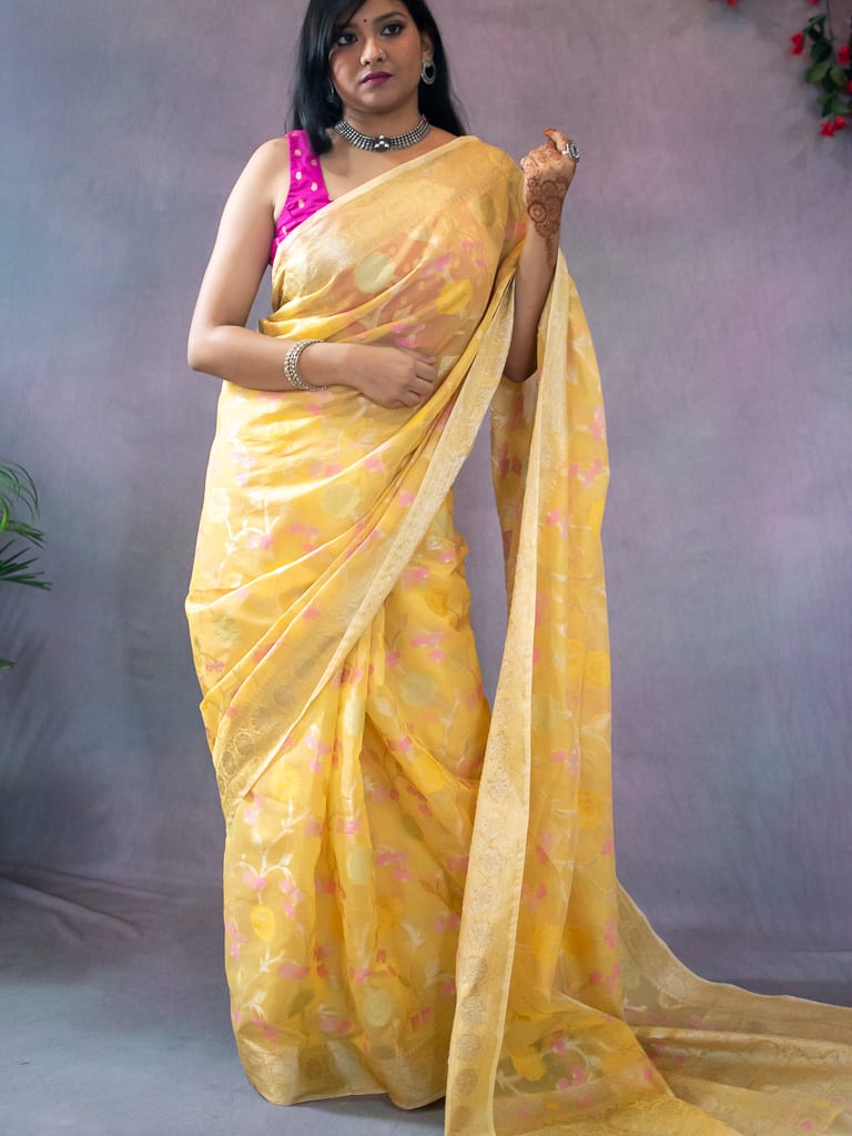 Banarasi Cotton Silk Resham & Zari Multi Coloured Jaal Weaving Saree-Yellow