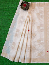 Banarasi Cotton Silk Resham Floral Weaving Saree-White