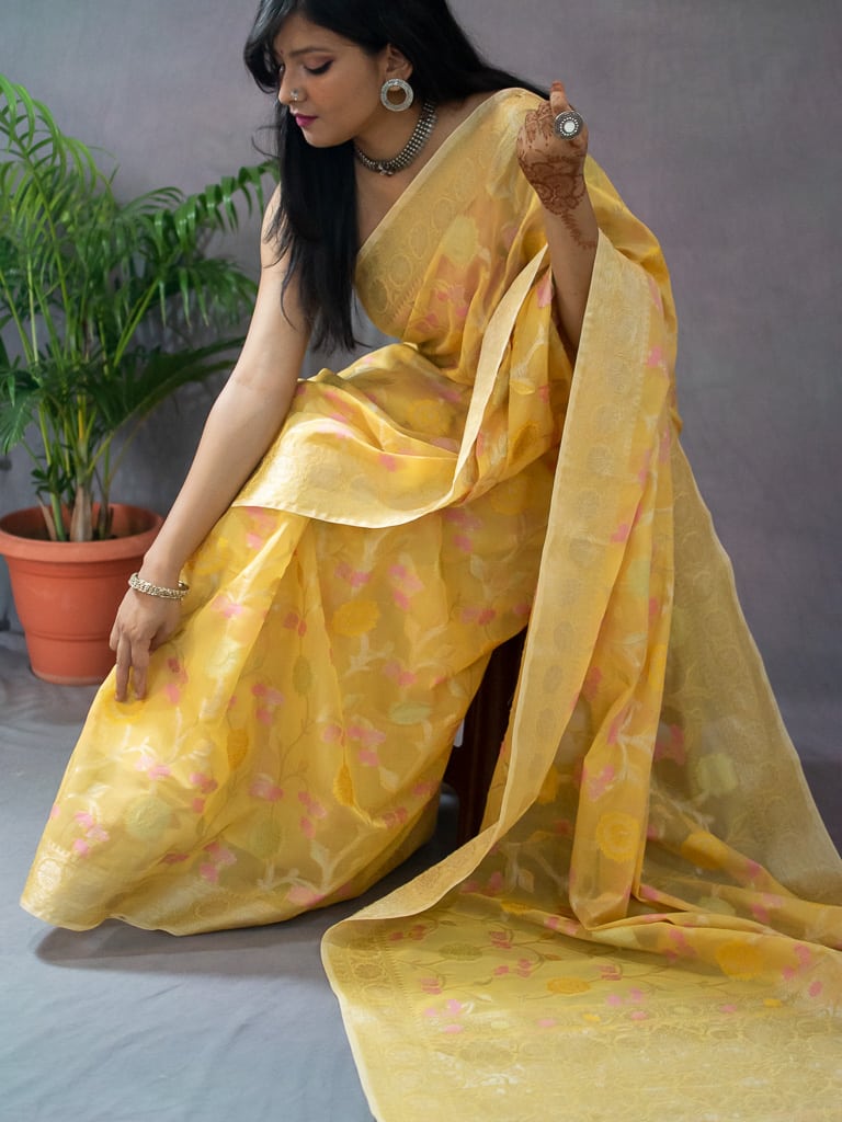 Banarasi Cotton Silk Resham & Zari Multi Coloured Jaal Weaving Saree-Yellow