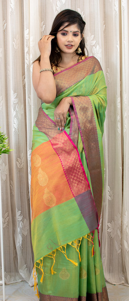 Banarasi Cotton Linen Mix Saree With Resham Peacock Weaving-Green