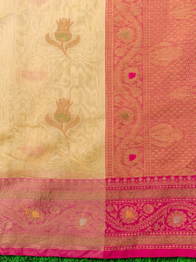 Banarasi Cotton Silk Resham & Meena Floral Weaving Saree & Contrast Border-Beige