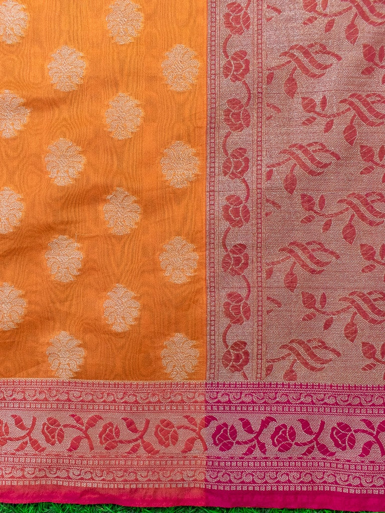 Banarasi Cotton Silk Resham Floral Weaving Saree & Contrast Border-Orange