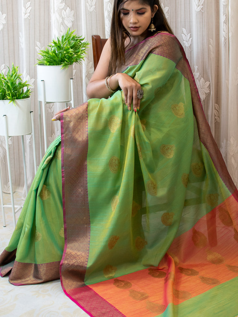 Banarasi Cotton Linen Mix Saree With Resham Peacock Weaving-Green