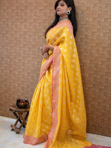 Banarasi Cotton Silk Saree Resham Floral Weaving  & Contrast Border-Mustard Yellow