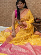 Banarasi Cotton Silk Saree Resham Floral Weaving  & Contrast Border-Mustard Yellow