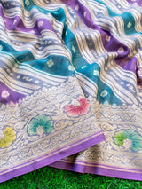 Banarasi Pure Khaddi Georgette Saree With Aada  Zari Weaving & Handpainted Border-Purple