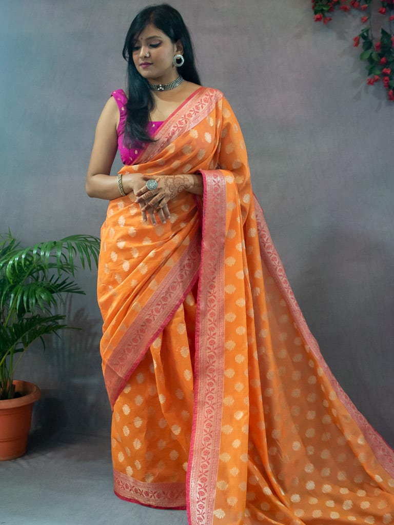 Banarasi Cotton Silk Resham Floral Weaving Saree & Contrast Border-Orange