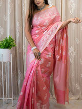 Banarasi Soft Cotton Saree Silver Zari Weaving-Pink