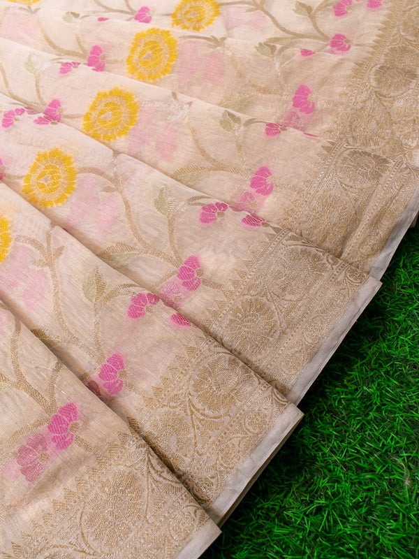 Banarasi Cotton Silk Resham & Zari Multi Coloured Jaal Weaving Saree-White