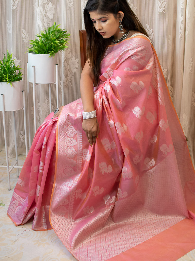 Banarasi Soft Cotton Saree Silver Zari Weaving-Pink