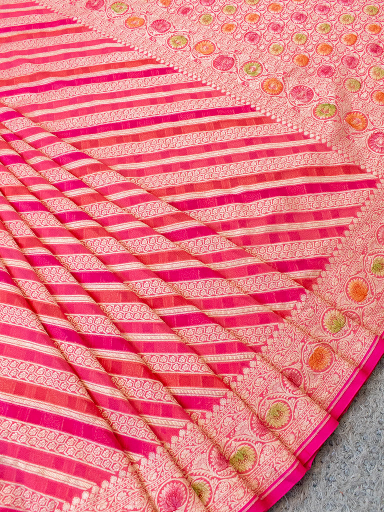 Banarasi Pure Khaddi Georgette Saree With Aada  Zari Weaving & Handpainted Border-Pink