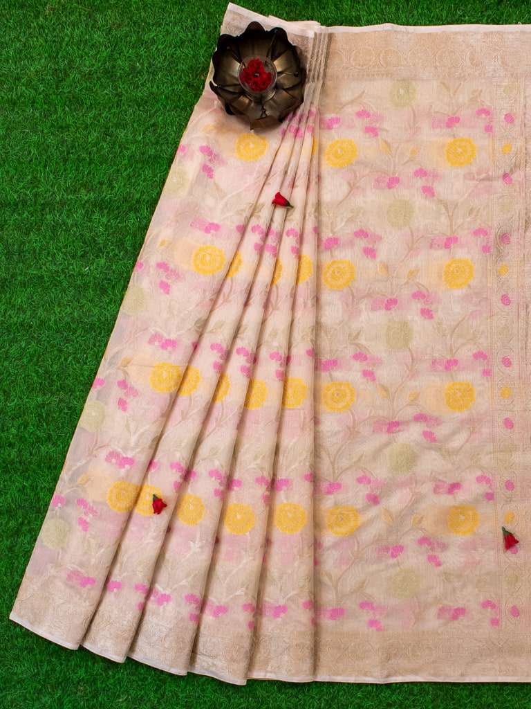 Banarasi Cotton Silk Resham & Zari Multi Coloured Jaal Weaving Saree-White